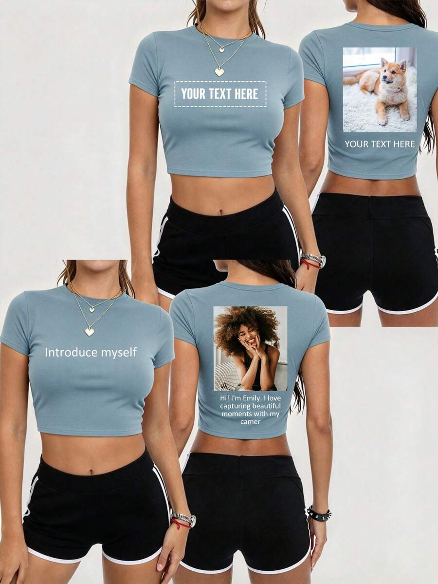 Two-Sided Custom Photo Tee, Birthday Gift,Y2K 90s Retro Rap Shirt, Personalized Crop Top, Add Photo & Text, Festival Fan Apparel, OOTD - Dusty Blue - View 1