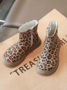 Leopard Print Kids' Boots, Thick Sole Casual Short Ankle Boots - Khaki - View 4