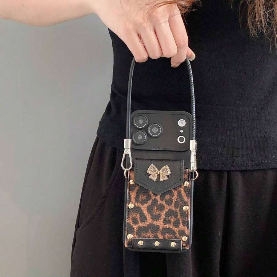 Leopard Print Bow Card Holder Compatible With Apple 17 Pro Max Phone Case Cover 14 Full Coverage 13 Litchi Texture 16 - Black - View 1