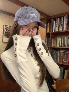 Women's Thermal Lined Long Sleeve Henley Top, Button Decor, Polyester Regular Fit, Autumn/Winter - White - View 1