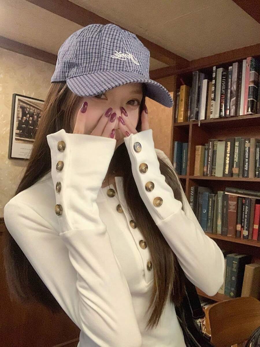 Women's Thermal Lined Long Sleeve Henley Top, Button Decor, Polyester Regular Fit, Autumn/Winter - White - View 1