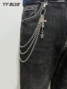 1pc Minimalist Fashion Metal Chain Pants Chain With Flower Cross And Five-Point Star Pendant, Clothing Chain Accessory For Men And Women, Suitable For Daily Wear In All Seasons - Silver - View 1