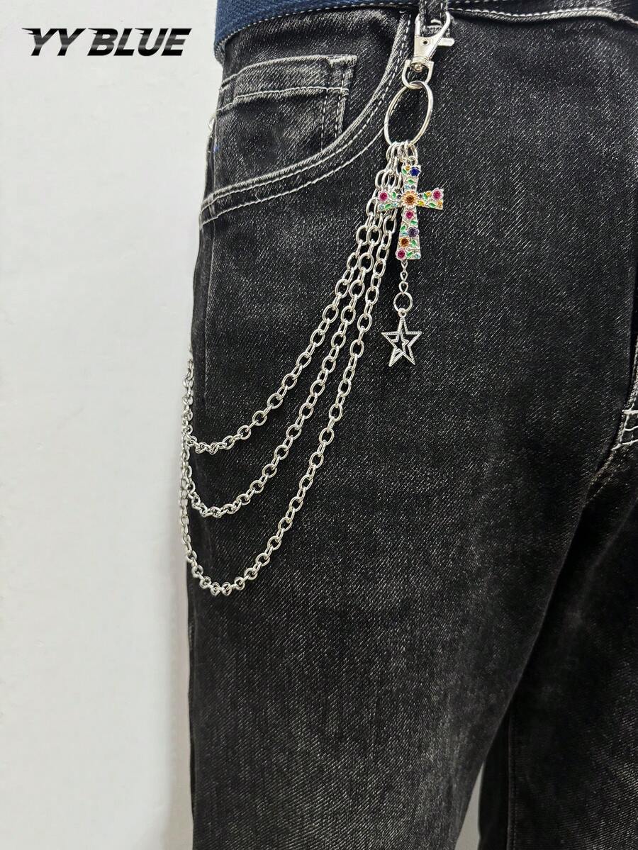 1pc Minimalist Fashion Metal Chain Pants Chain With Flower Cross And Five-Point Star Pendant, Clothing Chain Accessory For Men And Women, Suitable For Daily Wear In All Seasons - Silver - View 1