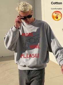 Men's Fleece Crew Neck Sweatshirt, Wine Pouring Print, MORE WINE PLEASE Text, Y2K Style, Autumn/Winter - Heather Gray - View 4