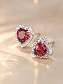 S925 Sterling Silver Red Heart Stud Earrings, Elegantly Inlaid Sparkling Zirconia Stone, Simple And Suitable For Women's Daily Wear - Silver - View 3