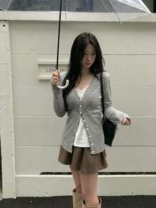 Scalloped Lace Trim Ribbed Knit Cardigan, V Neck Button Front, Long Sleeves, Fitted Grey Sweater Cardigan, Elegant Fall Layering Top - Grey - View 3