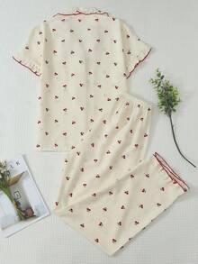2pcs/Set Spring/Summer Cherry Print Lace Trim Short Sleeve Collared Top And Bow Long Pants Women's Pajama Set Loungewear - Apricot - View 2