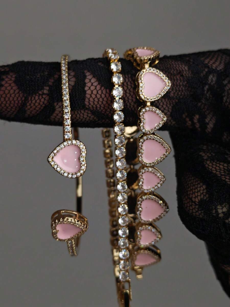 1/3Pcs Fashion 16K Gold Plated Heart Open Bangle With Copper Inlaid Artificial Zirconia Pink Heart Bracelet Set, Women's Personalized Jewelry Combination, Suitable For Women's Daily Wear, Music Festival Party Gift