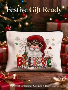 1pc Santa Claus Print Linen Zipper Pouch, Cute Cartoon Hand-Drawn Pattern With Christmas Hat, Sunflower, Snowflake And Gift Box Elements, Portable Flat Handbag, Large Capacity Storage Bag For Cosmetics, Lipstick, Stationery, Data Cable, Keys And Coins, Lightweight And Durable, Zipper Closure To Prevent Items From Falling Out - Multicolor - View 3