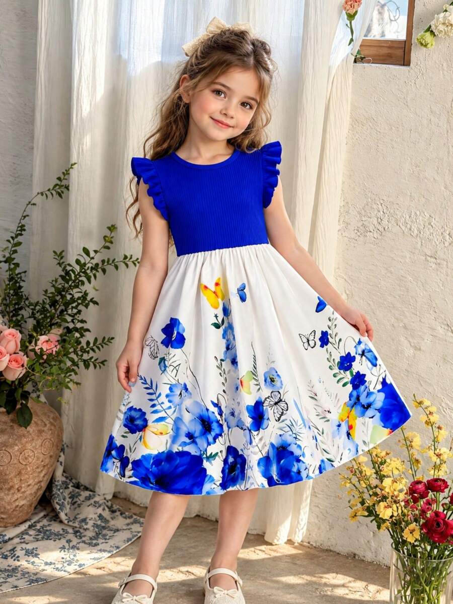Tween Girls Elegant Cap Sleeve Rib Splice Floral Print Casual Dress, Summer - Navy Blue - View 1