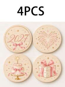 1/4/8pcs 2027 New Year Wooden Coasters Set, Pink Bow Fireworks Cake Gift Box Design Drink Coasters, Cute Holiday Table Decor, Round Coffee Cup Mats For Kitchen Dining Room Party Home Decoration Gift - Multicolor - View 14