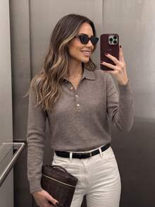 Autumn/Winter New European & American Commuter Vintage Polo Collar Pullover Knit Sweater For Women, Half-Open Metal Button Short Length Long Sleeve Sweater, Suitable For Office, Commute, Date, Afternoon Tea, Daily Wear - Grey - View 2