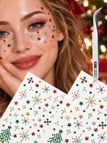 2/3 Sheets Christmas Atmosphere Face Gem Decoration Sticker, Self-Adhesive, Christmas Tree, Snowflakes, Antlers, Star, Multi-Element Patterns, Suitable For Christmas Party, Rave, Portrait Photography, Stage Makeup Face Decoration - Multicolor - View 8