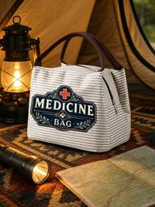 1pcsVintage Medicine Bag, Striped Tote Lunch Bag, Large Capacity Laptop Storage Bag, Zippered Toiletry Makeup Bag For Work, Travel, Business Tri/Set - Multicolor - View 10