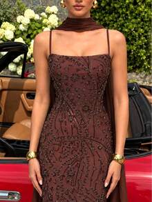 UNITHORSE [Random Cut]Women's Elegant Spaghetti Strap Waist-Cinching Backless Formal Evening Gown Dress - Coffee Brown - View 2