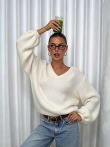 Plus Size Women's Asymmetrical Cold Shoulder Long Puff Sleeve V-Neck Loose Knit Pullover Sweater, Suitable For Daily Wear, Autumn/Winter - White - View 9