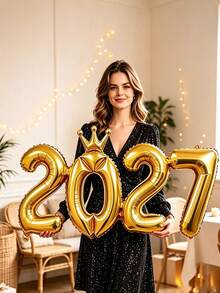 1個金色皇冠2027數字箔氣球，適用於新年裝飾、生日派對裝飾、單身女派對裝飾、新年慶祝、2027裝飾氣球 - 連體皇冠2027 - 查看 2
