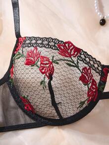 1 Set 2pcs Rose Embroidered 3D Flower Daily Bra Set, Comfortable Home Wear Valentine's Day Lingerie - Black - View 4