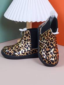 Children's Leopard Print Chelsea Boots, Side Elastic Band Slip-On Ankle Boots, Suitable For Girls' Autumn/Winter Wear - Gold - View 3