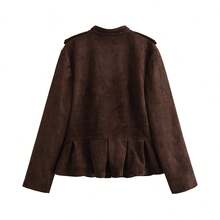 ZAHM Vintage Palace Dark Coffee Faux Suede Jacket For Women, Stand Collar Double Breasted Waist Cinch Ruffle Hem French Jacket - Coffee Brown - View 10