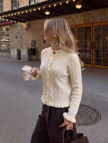 Cable Knit Button Front Sweater Cardigan, Ruffle Trim, Round Neck, Long Sleeves, Soft Warm Knit, Beige Fall/Winter Elegant Casual Layering Top - Apricot - View 1