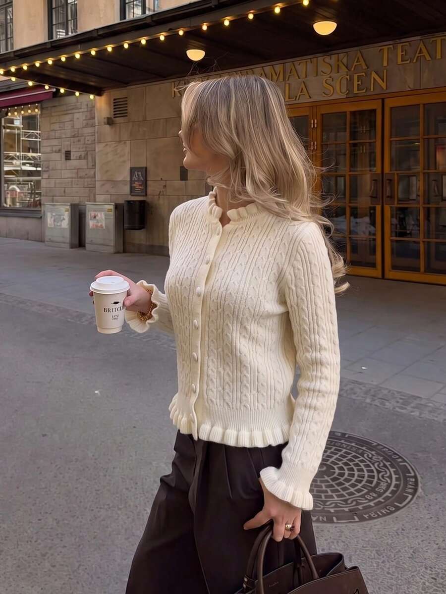 Cable Knit Button Front Sweater Cardigan, Ruffle Trim, Round Neck, Long Sleeves, Soft Warm Knit, Beige Fall/Winter Elegant Casual Layering Top - Apricot - View 1