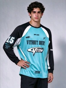 veidoorn Men's Color Block Mesh Long Sleeve Shirt, Comfortable Soft Top, Couple Matching Outfit,For Basketball Running & Gym Training - Blue-black - View 3
