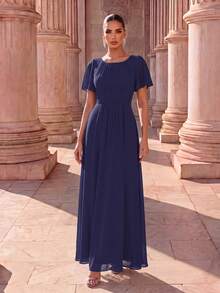 EVERPRETTY Gaun Bridesmaid Chiffon Biru Tua yang Elegan, Gaun Panjang Anggun dengan Detail Kerut di Bagian Dada dan Lengan Pendek Berumbai, Cocok untuk Acara Formal - Navy Blue - View 1