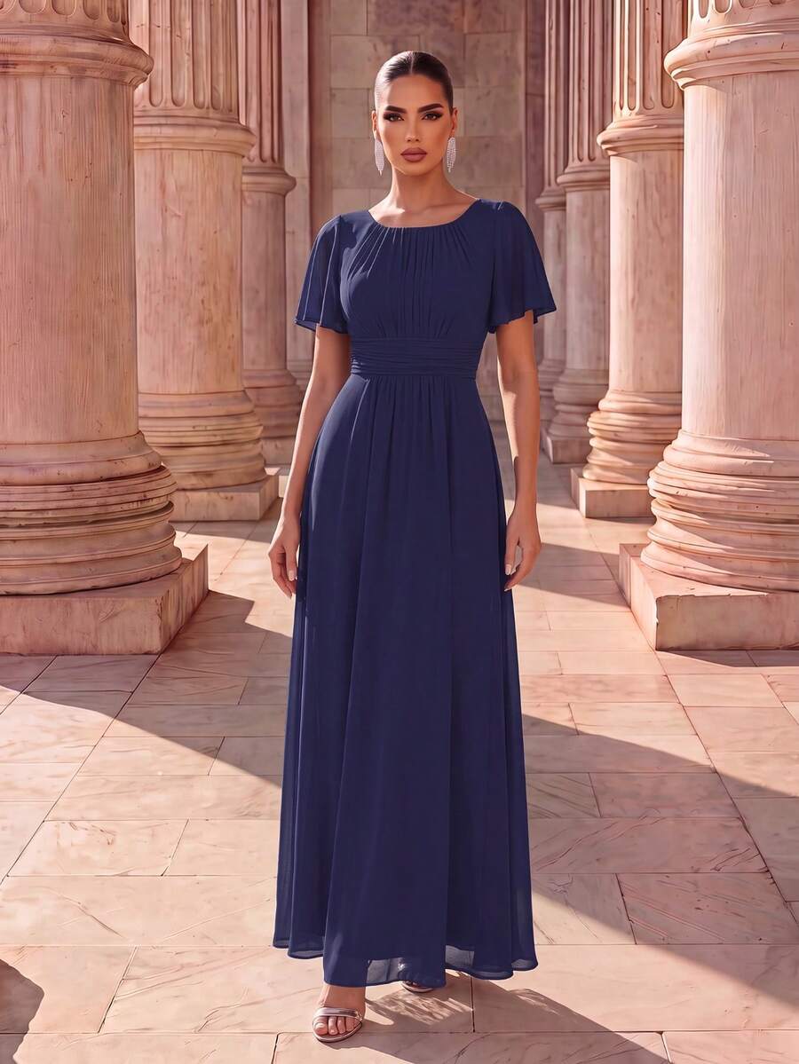 EVERPRETTY Gaun Bridesmaid Chiffon Biru Tua yang Elegan, Gaun Panjang Anggun dengan Detail Kerut di Bagian Dada dan Lengan Pendek Berumbai, Cocok untuk Acara Formal - Navy Blue - View 1
