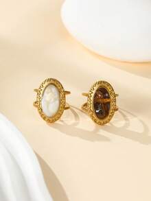 2pcs Stainless Steel Vintage Oval Tiger Eye Stone, White Shell Natural Stone Open Ring 18K Gold Plated Stainless Steel Double Ring Design Women's Personalized Daily Party Decorative Finger Ring, Adjustable Size - Yellow Gold - View 3