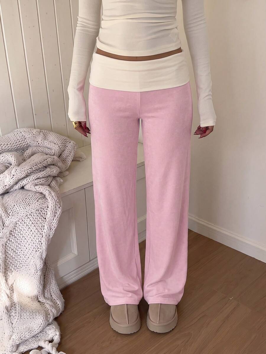 SCARLUX Pink Foldable Wide Leg Pants, Comfortable Autumn/Winter Loungewear, Cute Casual Daily Outfit, Suitable For Commuting, College And Street Style - Pink - View 1