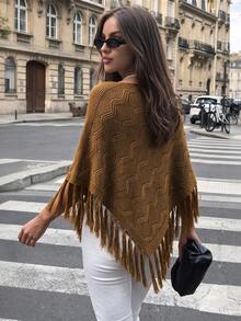 Autumn Brown Fringe Knit Poncho Cape For Women Wave Hollow Pattern Asymmetric Wrap Fall Clothes Elegant Casual Going Out Outfits - Brown - View 2