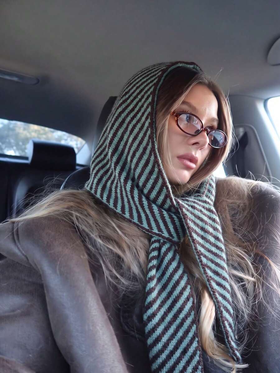 1PC Women's Vintage Colorblock Striped Knit Hooded Triangle Scarf, Autumn/Winter Wearable Hat Knot Neck Scarf Multi-Use Accessory - Green-brown - View 1