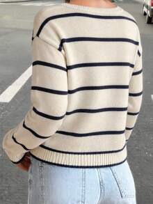 Women's Plus Size Autumn/Winter Fashion Casual Minimalist Button Knit Cardigan Top, Suitable For Outings, Concerts, Winter Style - White/Black - View 6