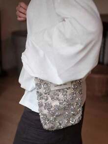 Beaded Embroidery Bucket Bag Denim Shoulder Bag Chinese Style Commute Outing Shopping Crossbody Women - Silver - View 5