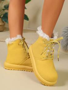 Women Ankle Boots, Lace Up, Round Toe, Easy Wear, Daily Comfort - Yellow - View 2