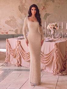 Luxury Women's Long Sleeve Square Neck Sequin & Pearl Fitted Pencil Dress, Romantic Bodycon Evening Gown With Zipper, Suitable For Formal Occasions - Champagne - View 4
