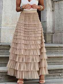 New Fashionable Plus Size Solid Color Versatile Sexy Casual High Waist Mesh Tulle Skirt Spring - Light Brown - View 3