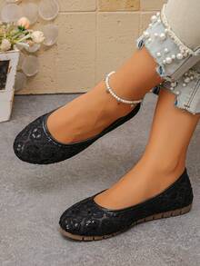 Black Lace Sequin Ballet Shoes Women's Round Toe Breathable Mesh Foldable Soft Sole Daily Commute Ballet Shoes - Black - View 2