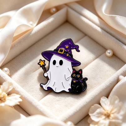 Kawaii Glow In The Dark Ghost Witch Enamel Pin, Halloween Ghost Black Cat Brooch For Jacket Backpack Hat, Cute Halloween Jewelry Gift For Man Women