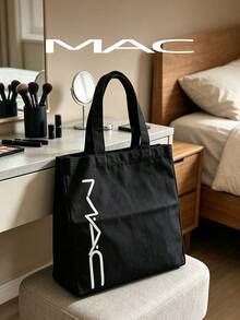 MAC Vertical Logo Canvas Tote Bag, Black Large Capacity Shoulder Handbag With Unique Vertical White MAC Logo Print, Reusable Shopping Tote, Casual Daily Bag For Work School Travel Grocery - Black - View 8