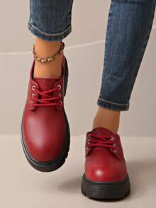 Women's British Style Metal Buckle Thick Sole Loafers, Height-Increasing Chunky Heel Slip-On Matte Leather Shoes - Red - View 8