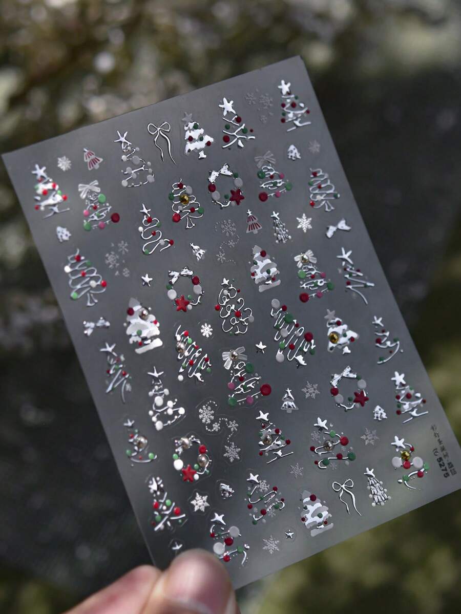 1pc 3D Embossed Christmas Tree Nail Art Sticker, Gold & White Snowflake, Self-Adhesive Merry Christmas Nail Decoration Sticker - Multicolor - View 1