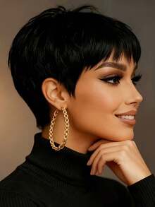 Women's Short Straight Human Hair Wig, 6 Inch Natural Black Brazilian Hair, 150% Density, Full Machine Made - Natural Black - View 3