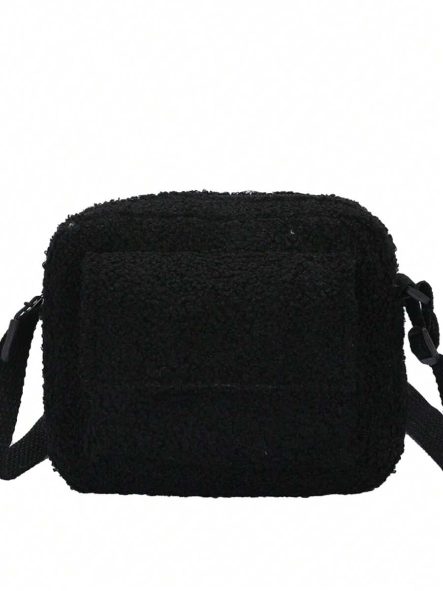 Black Teddy Fleece Mini Crossbody Bag, Simple Versatile Fuzzy Square Bag, Autumn/Winter New Style, Multi-Pocket Lightweight Shoulder Bag, Daily Travel Carry-On Small Bag