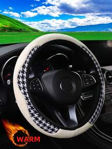 MEIKAXIU 1pc Winter Rabbit Fur Plush Soft Comfortable Non-Slip Car Steering Wheel Cover Without Inner Ring, Suitable For 15 Inch, Black & Red, Car Interior Accessory For Men & Women - Houndstooth Plush Style - View 17