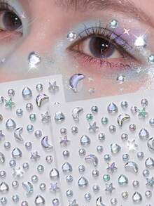 2 Sheets Self-Adhesive Face Gems Stickers, Moon Star Heart Crystal Diamond Eye Face Jewels Stickers 3D Shiny Body Rhinestone Decor For Festival, Rave, Party Cosplay - Multicolor - View 5