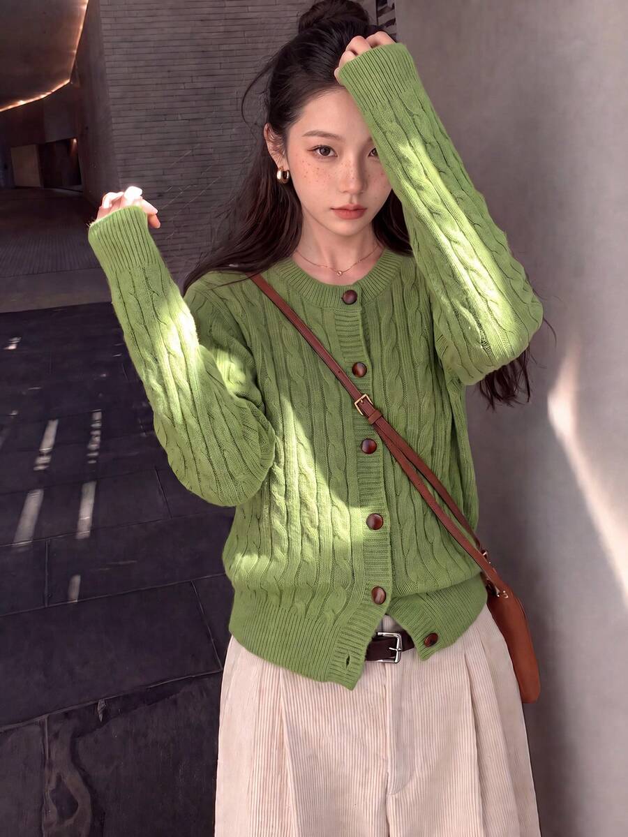 Women's Casual Minimalist Green Cable Knit Cardigan, Button Front, Long Sleeve Round Neck, Short Knit Sweater, Comfortable Winter Choice - Green - View 1