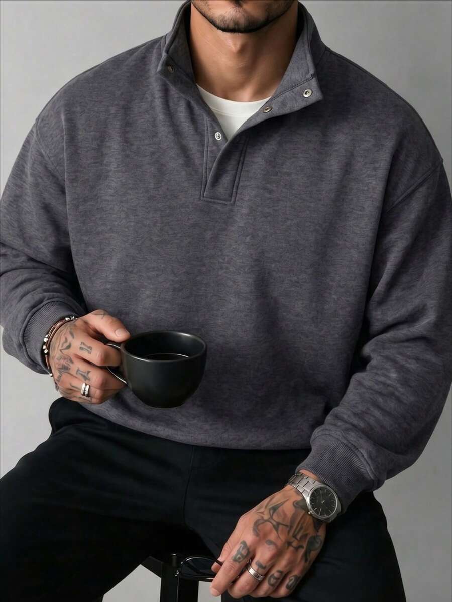Men's Autumn/Winter Fashion Classic Button Loose Drop Shoulder Lapel Sweatshirt, Suitable For Daily Social Wear