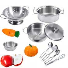 15PCS Mini Stainless Steel Kitchen Toy Set, Play Kitchen Role Play Tools, Realistic Apple Carrot Pumpkin Cutting Toy, Gift For Girls Children - Multicolor - View 5